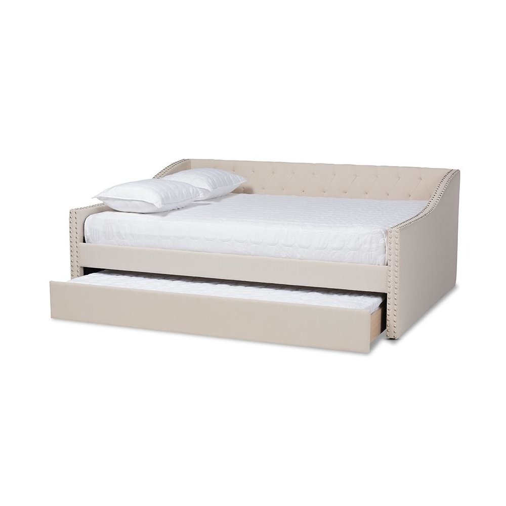 Beige Fabric Upholstered Full Size Daybed with Roll-Out Trundle Bed. Picture 2