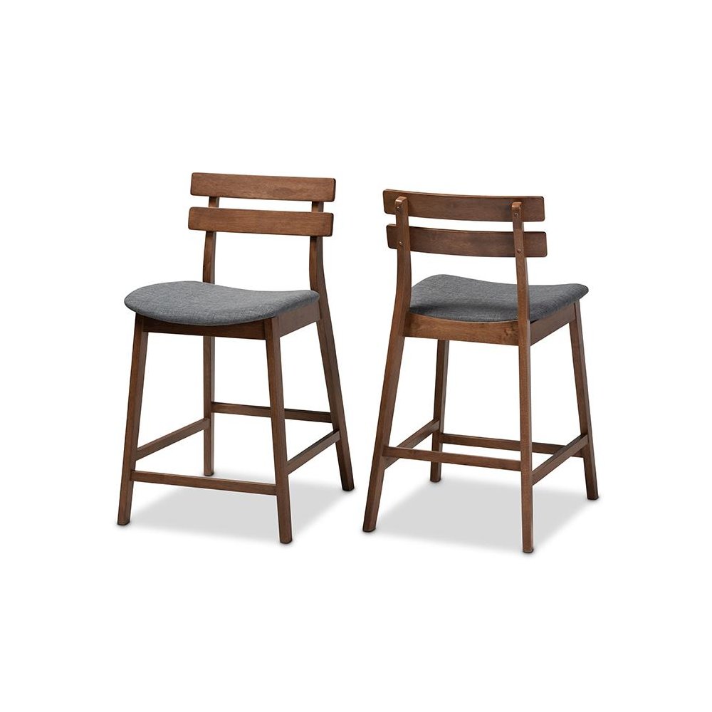 Dark Grey Fabric Upholstered Walnut Finished 2-Piece Wood Counter Stool Set. Picture 1
