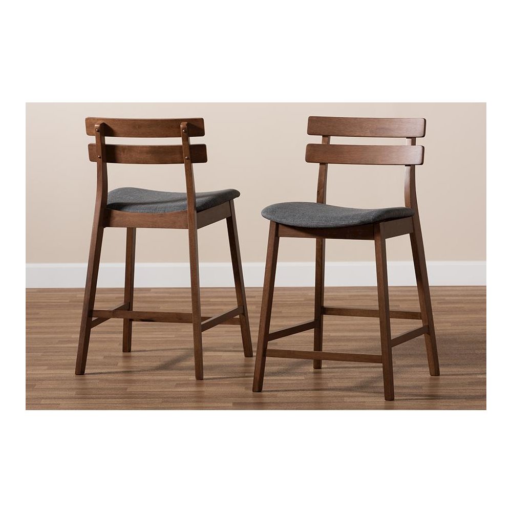Dark Grey Fabric Upholstered Walnut Finished 2-Piece Wood Counter Stool Set. Picture 8