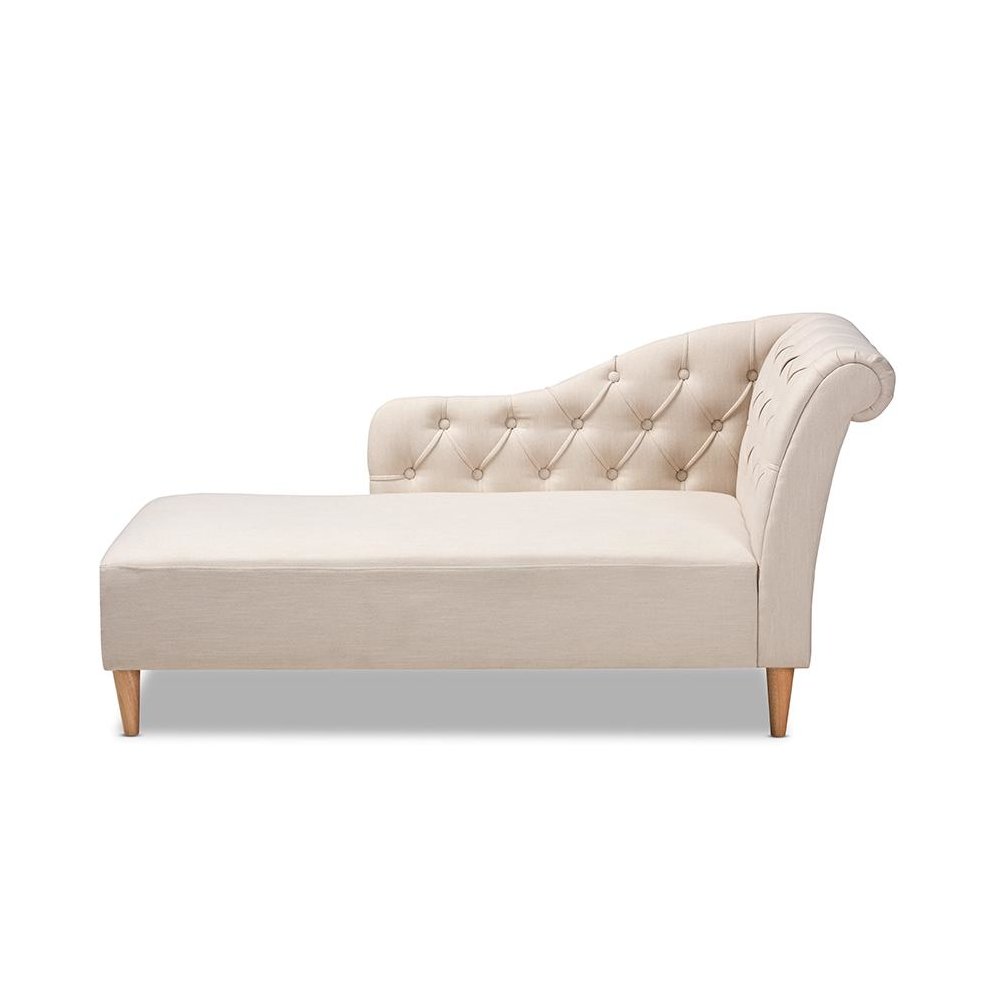 Beige Fabric Upholstered Oak Finished Chaise Lounge. Picture 2