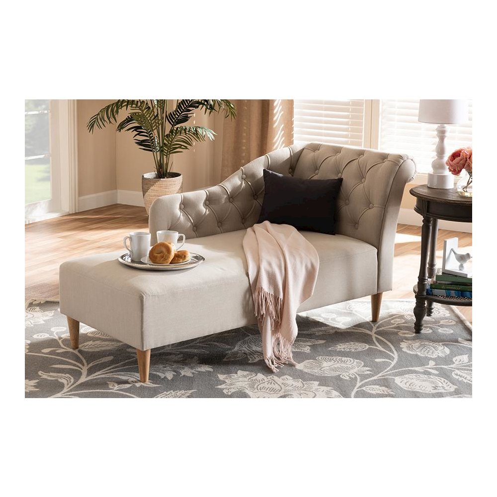 Beige Fabric Upholstered Oak Finished Chaise Lounge. Picture 7