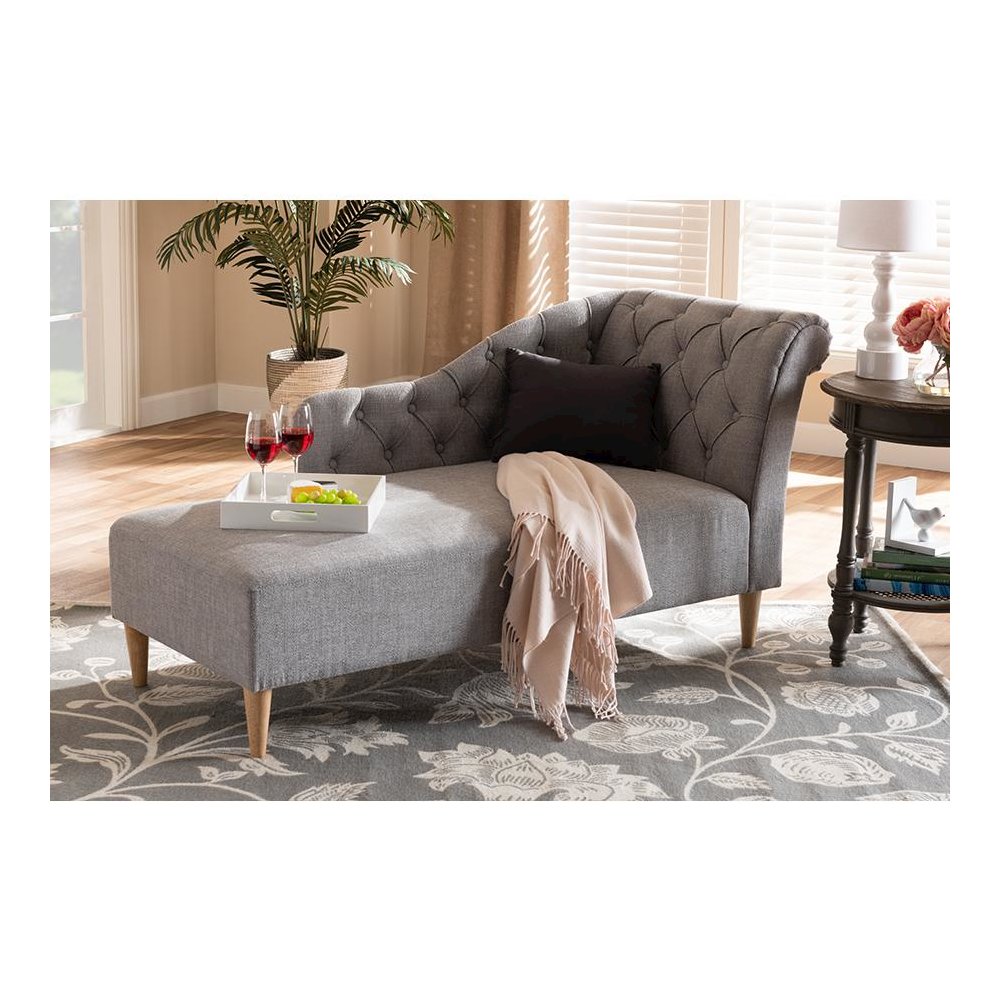 Grey Fabric Upholstered Oak Finished Chaise Lounge. Picture 7