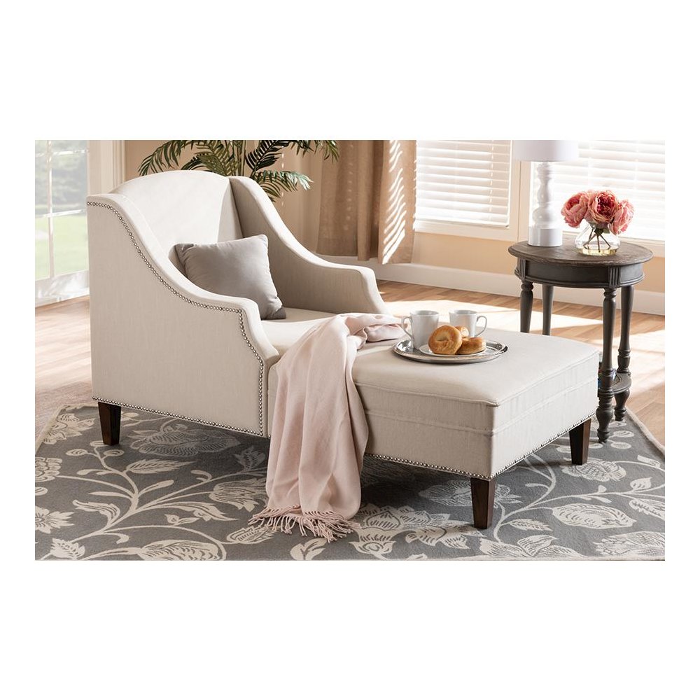 Beige Fabric Upholstered Wenge Brown Finished Chaise Lounge. Picture 7