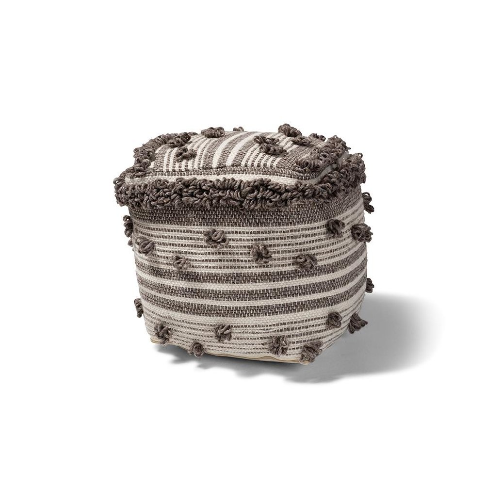 Eligah Moroccan Inspired Ivory and Brown Handwoven Wool Pouf Ottoman. Picture 1