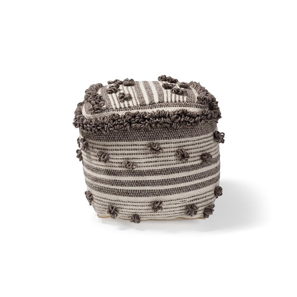 Eligah Moroccan Inspired Ivory and Brown Handwoven Wool Pouf Ottoman. Picture 2