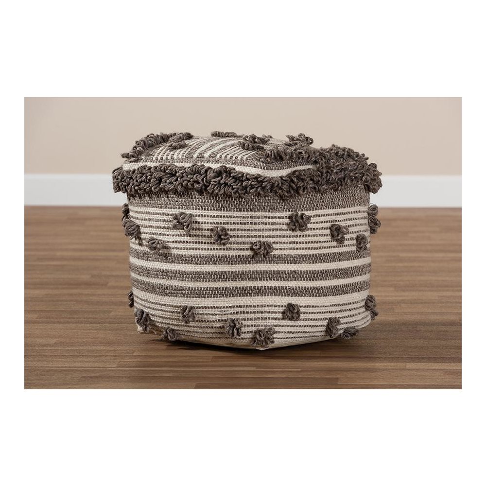 Eligah Moroccan Inspired Ivory and Brown Handwoven Wool Pouf Ottoman. Picture 5