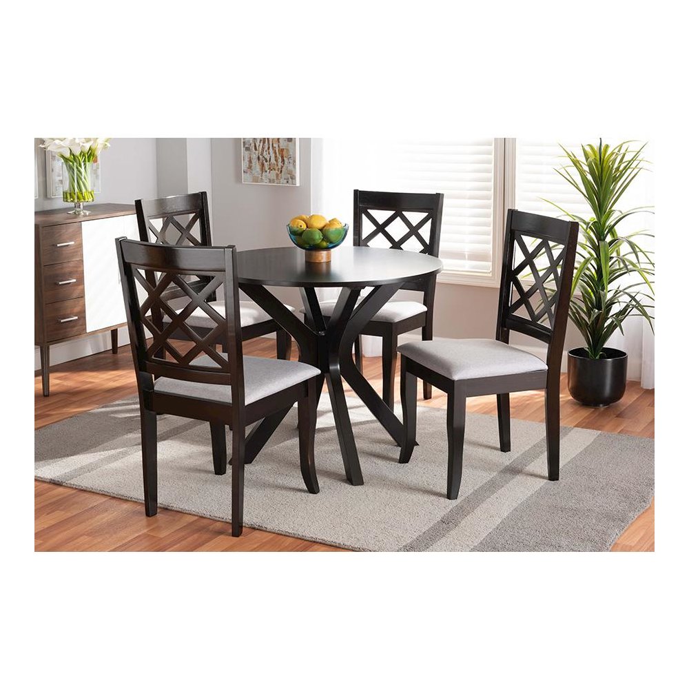 Grey Fabric Upholstered and Dark Brown Finished Wood 5-Piece Dining Set. Picture 7