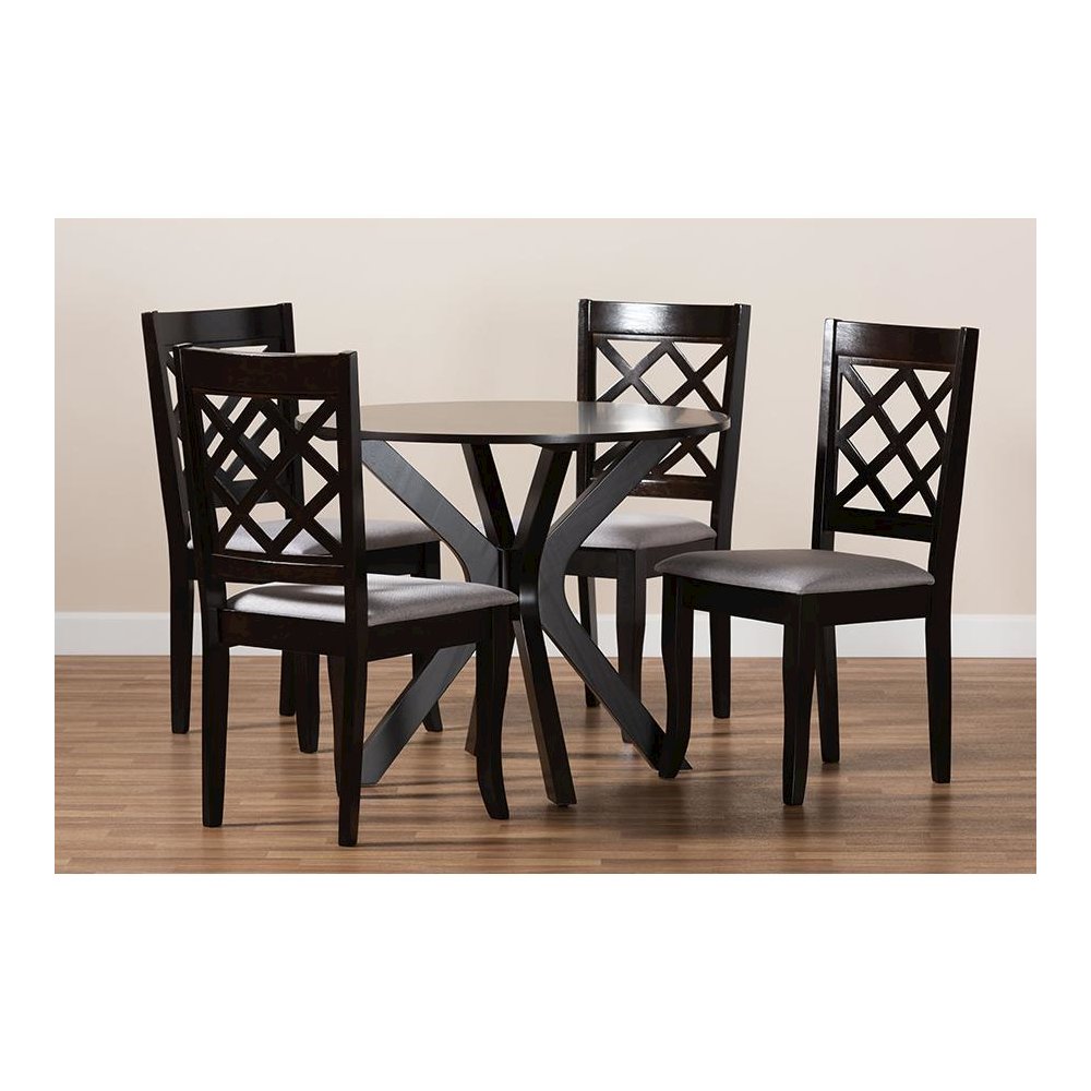 Grey Fabric Upholstered and Dark Brown Finished Wood 5-Piece Dining Set. Picture 8