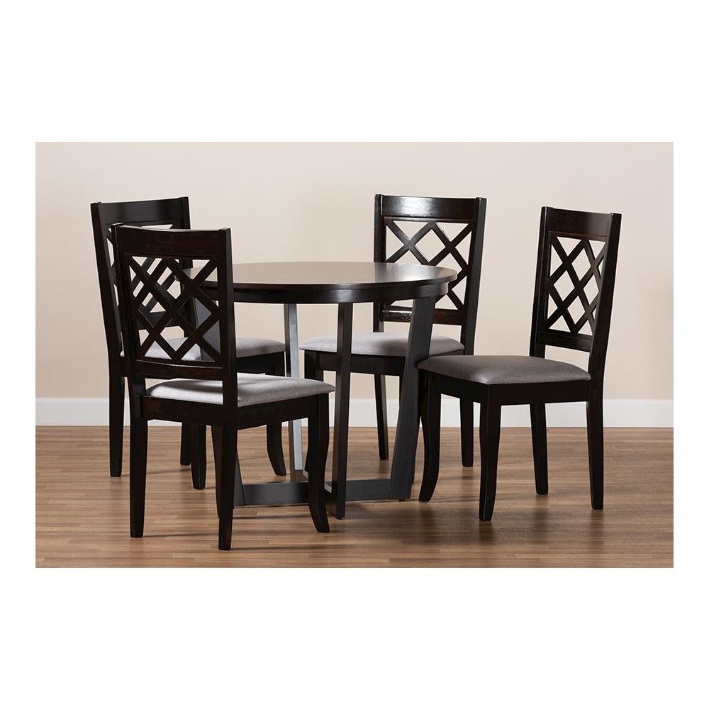 Grey Fabric Upholstered and Dark Brown Finished Wood 5-Piece Dining Set. Picture 8