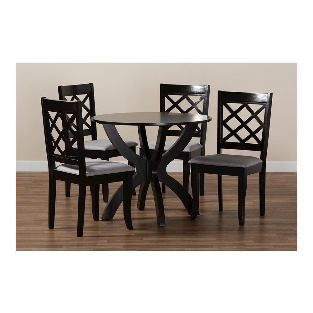 Grey Fabric Upholstered and Dark Brown Finished Wood 5-Piece Dining Set. Picture 8
