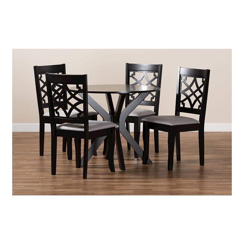 Grey Fabric Upholstered and Dark Brown Finished Wood 5-Piece Dining Set. Picture 7