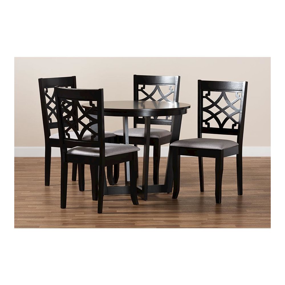 Grey Fabric Upholstered and Dark Brown Finished Wood 5-Piece Dining Set. Picture 7