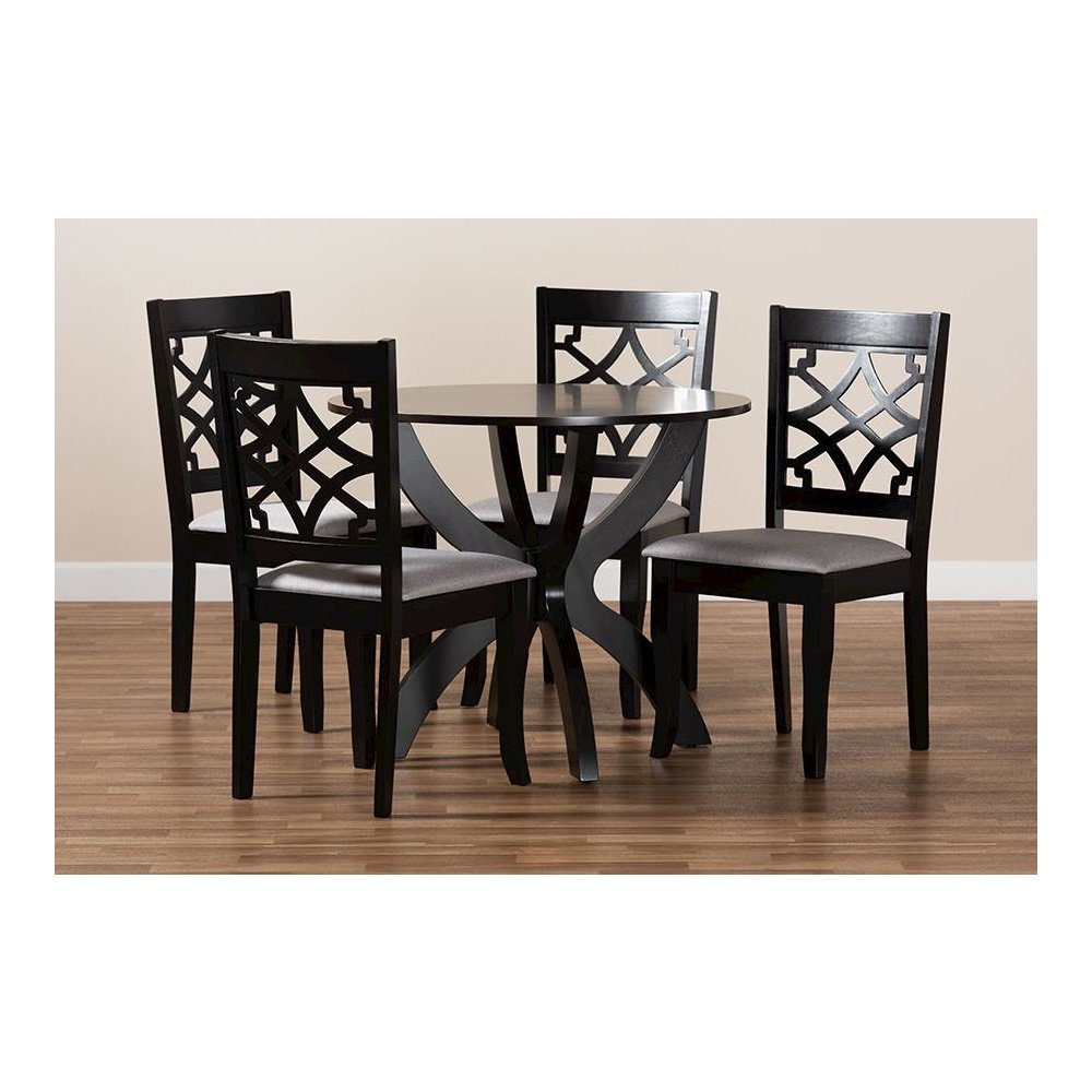 Grey Fabric Upholstered and Dark Brown Finished Wood 5-Piece Dining Set. Picture 7
