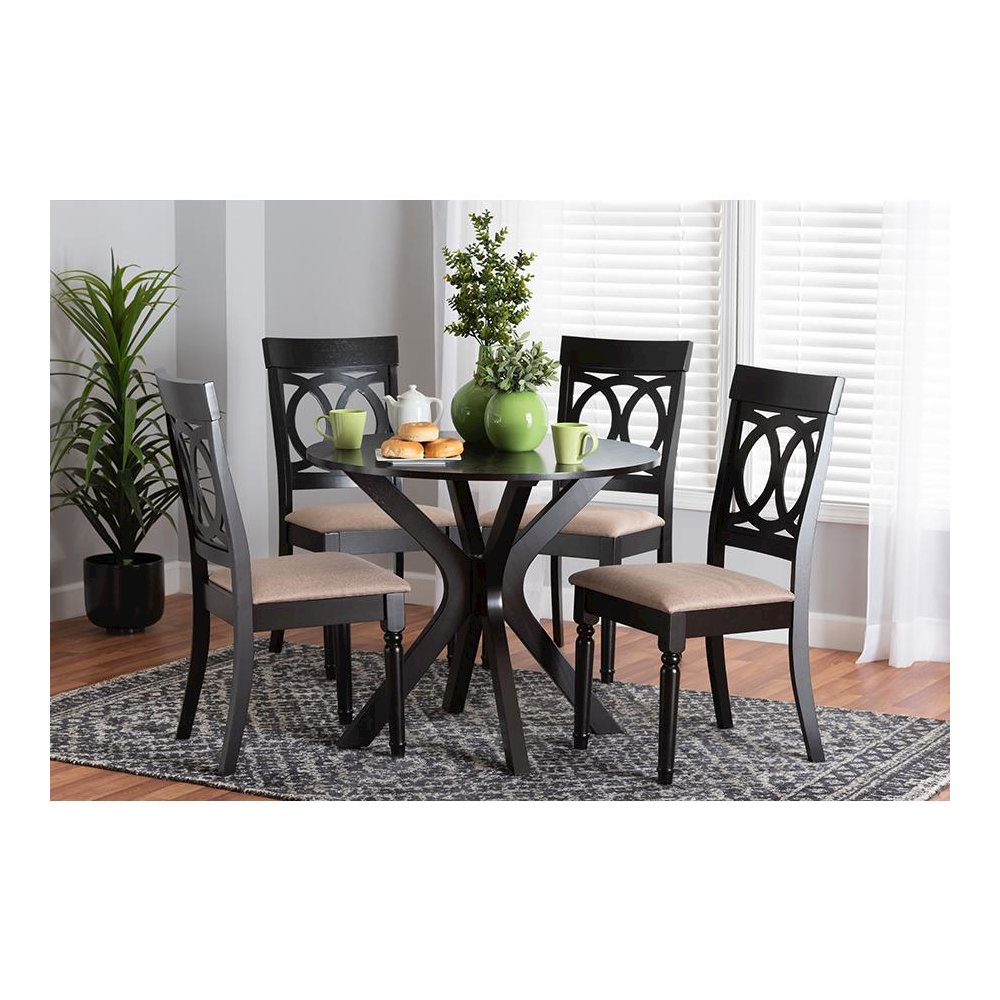 Jessie Modern Sand Fabric and Dark Brown Finished Wood 5-Piece Dining Set. Picture 8