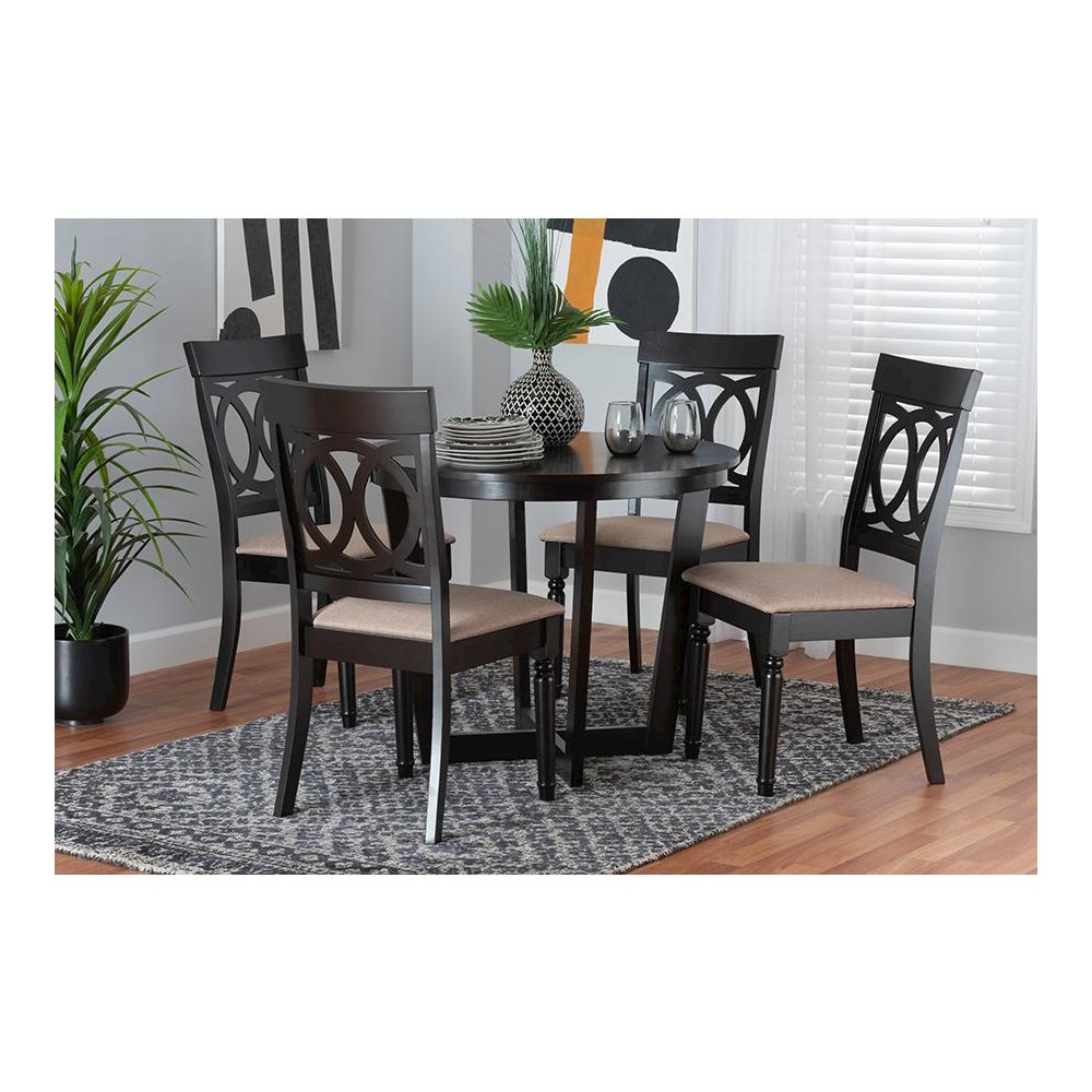 Estelle Modern Beige Fabric and Dark Brown Finished Wood 5-Piece Dining Set. Picture 8