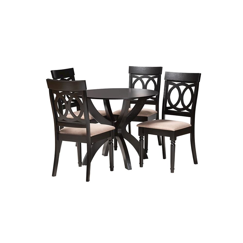 Velia Modern Sand Fabric and Dark Brown Finished Wood 5-Piece Dining Set. Picture 1