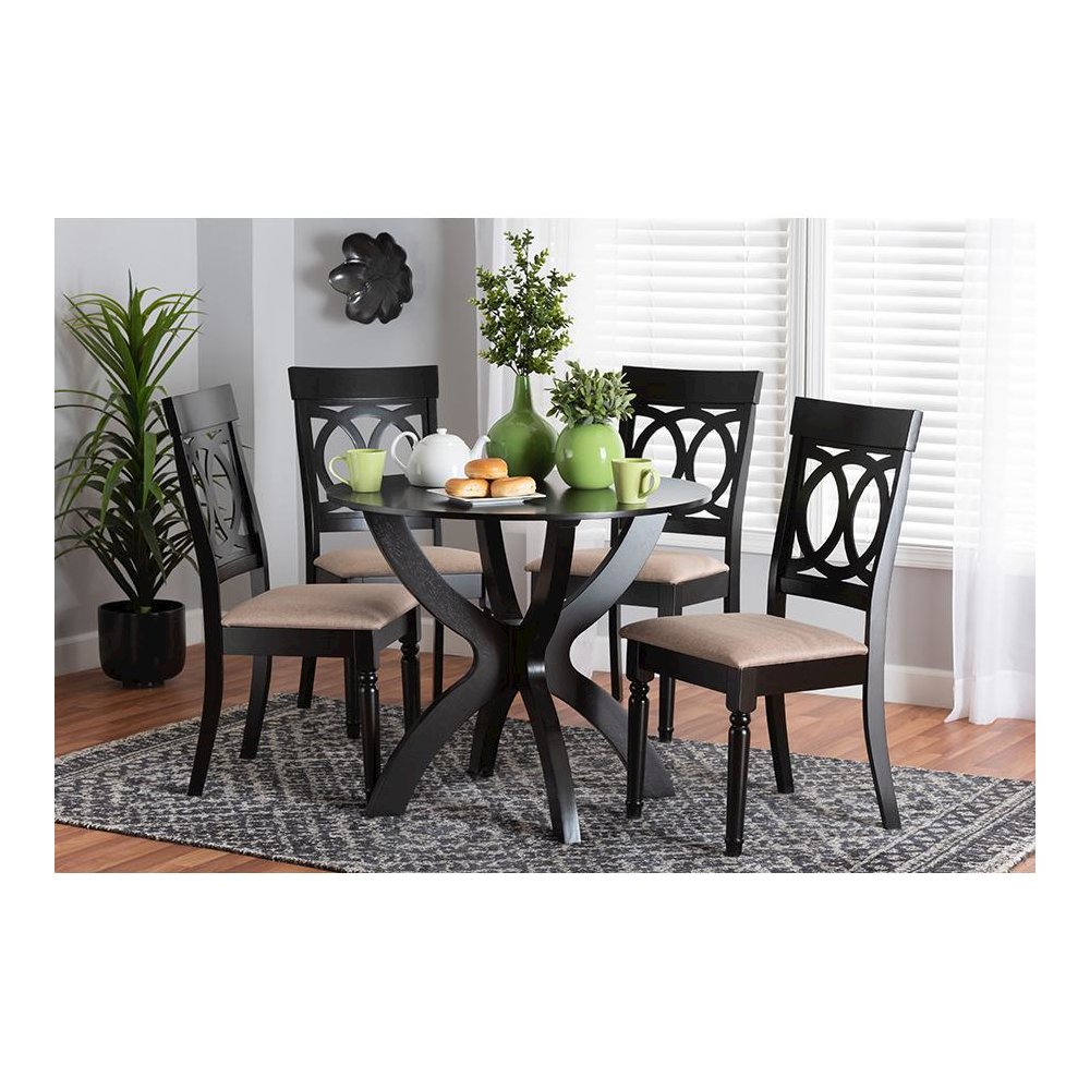 Velia Modern Sand Fabric and Dark Brown Finished Wood 5-Piece Dining Set. Picture 8