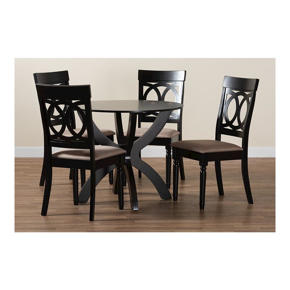 Velia Modern Sand Fabric and Dark Brown Finished Wood 5-Piece Dining Set. Picture 9