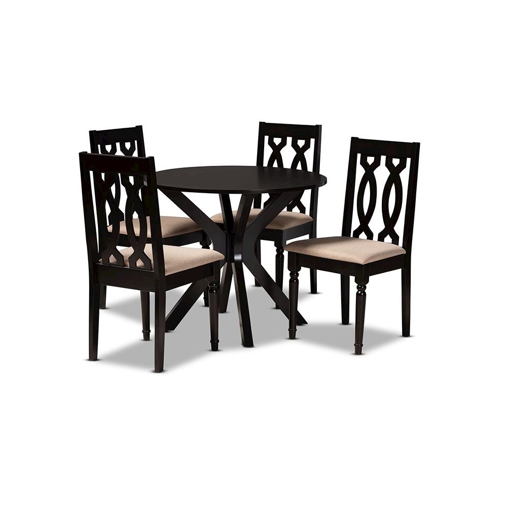 Sand Fabric Upholstered and Dark Brown Finished Wood 5-Piece Dining Set. Picture 1