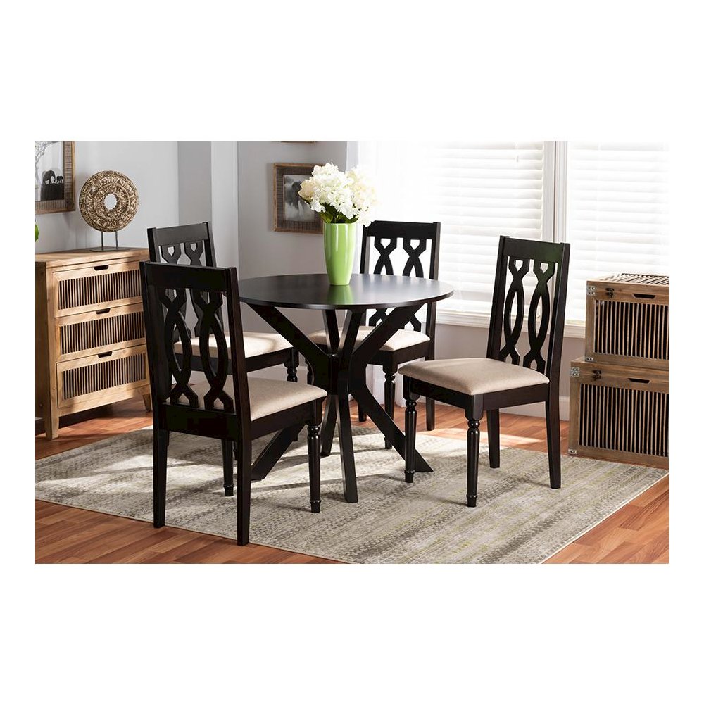 Sand Fabric Upholstered and Dark Brown Finished Wood 5-Piece Dining Set. Picture 7