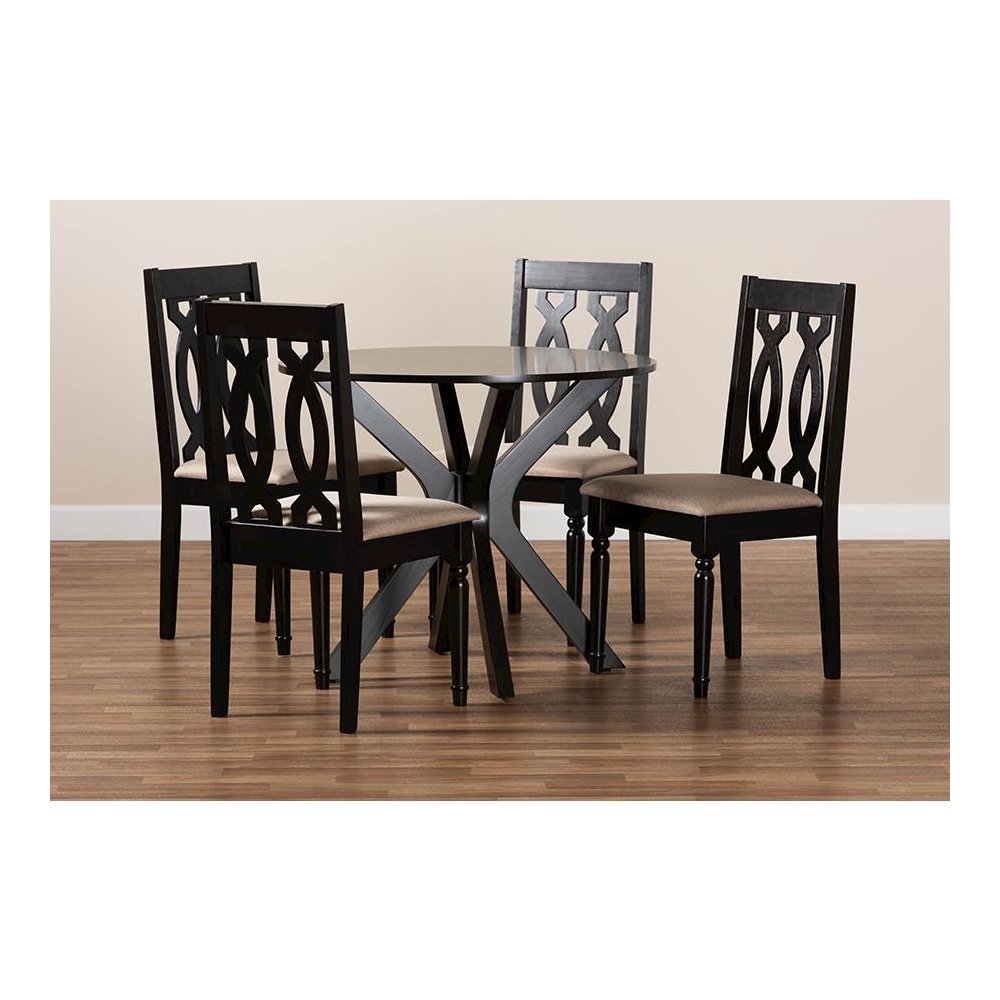 Sand Fabric Upholstered and Dark Brown Finished Wood 5-Piece Dining Set. Picture 8