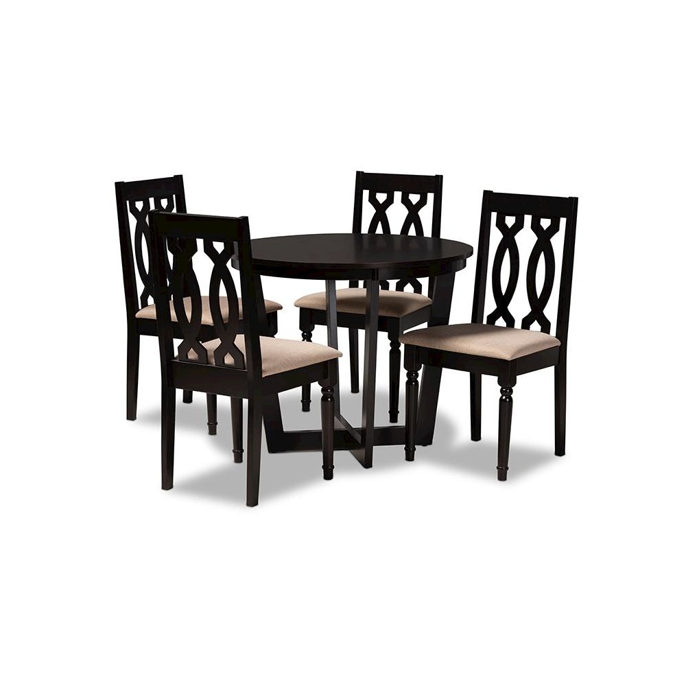Sand Fabric Upholstered and Dark Brown Finished Wood 5-Piece Dining Set. Picture 1