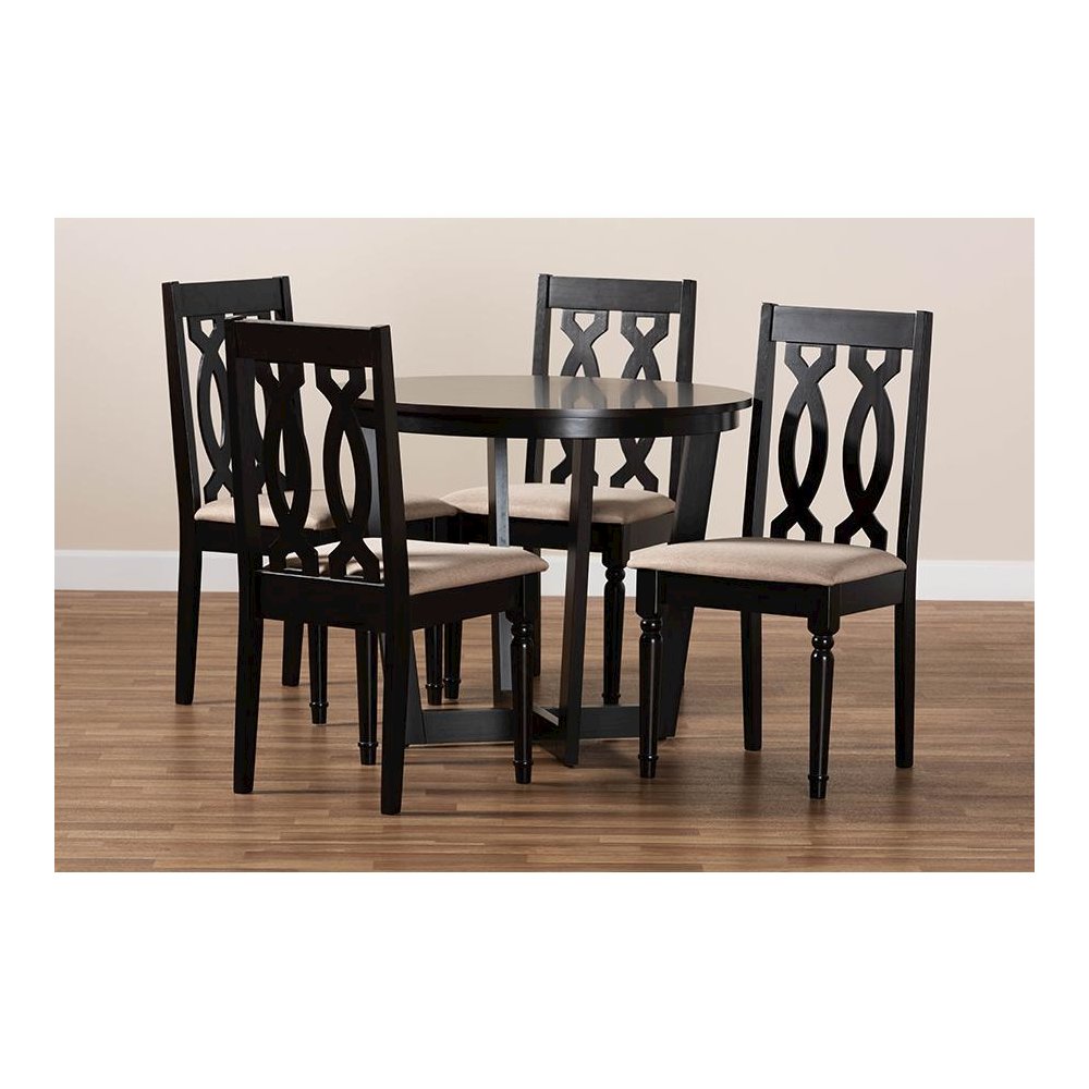 Sand Fabric Upholstered and Dark Brown Finished Wood 5-Piece Dining Set. Picture 8