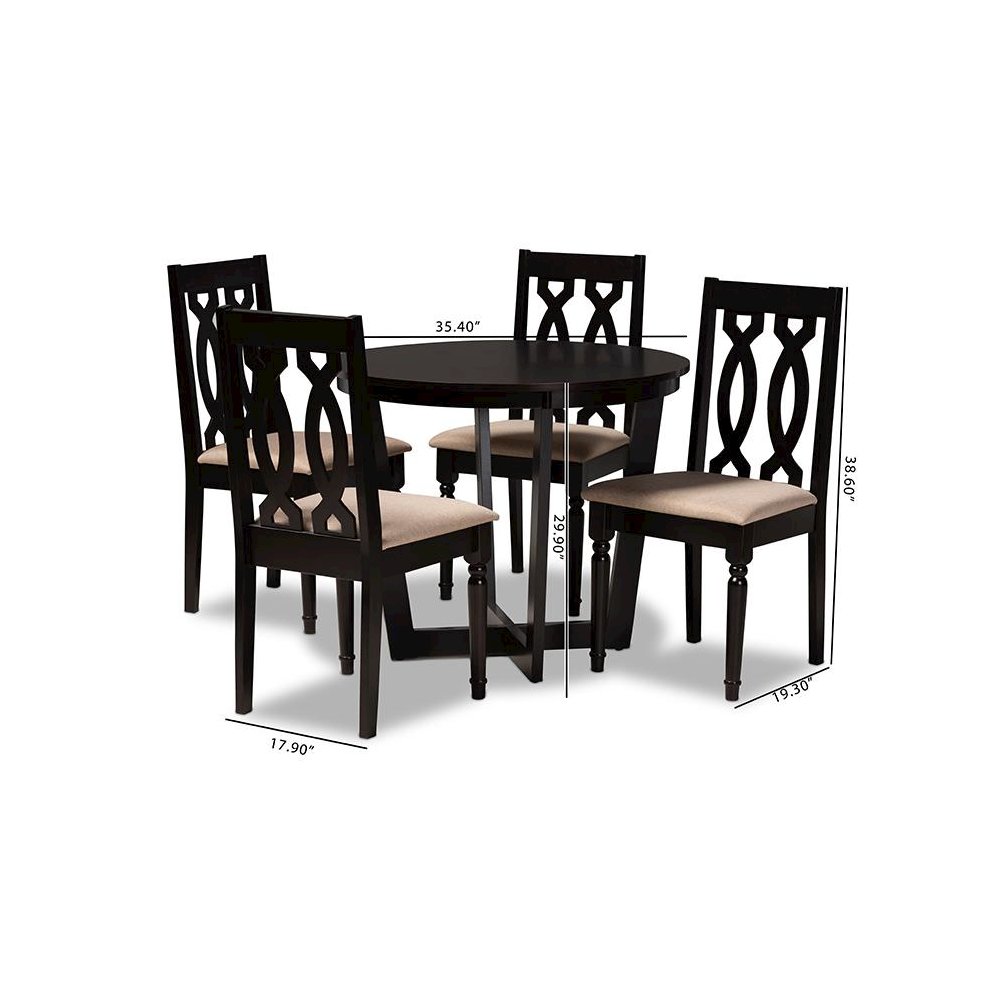 Sand Fabric Upholstered and Dark Brown Finished Wood 5-Piece Dining Set. Picture 9