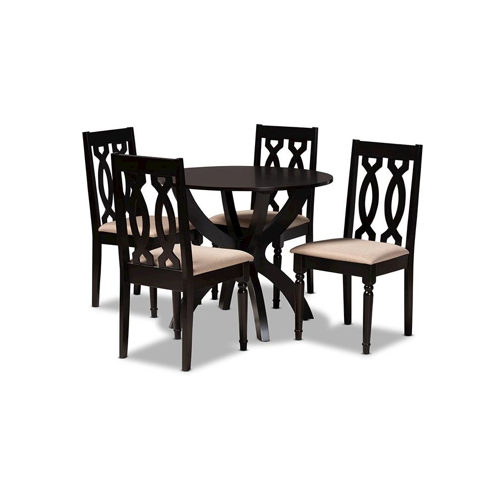 Sand Fabric Upholstered and Dark Brown Finished Wood 5-Piece Dining Set. Picture 1