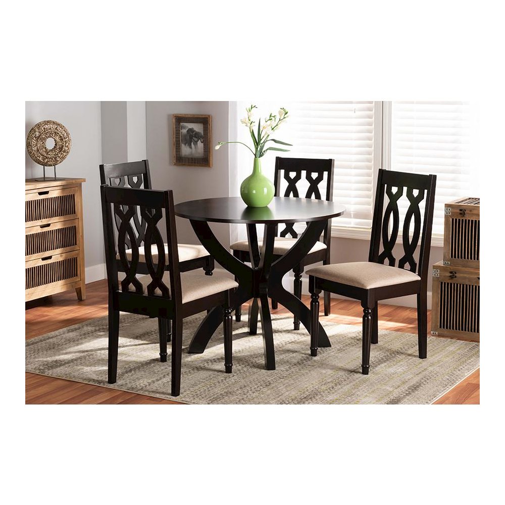 Sand Fabric Upholstered and Dark Brown Finished Wood 5-Piece Dining Set. Picture 7