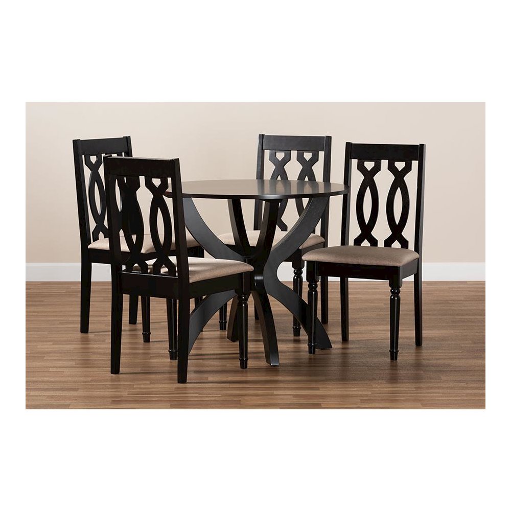 Sand Fabric Upholstered and Dark Brown Finished Wood 5-Piece Dining Set. Picture 8