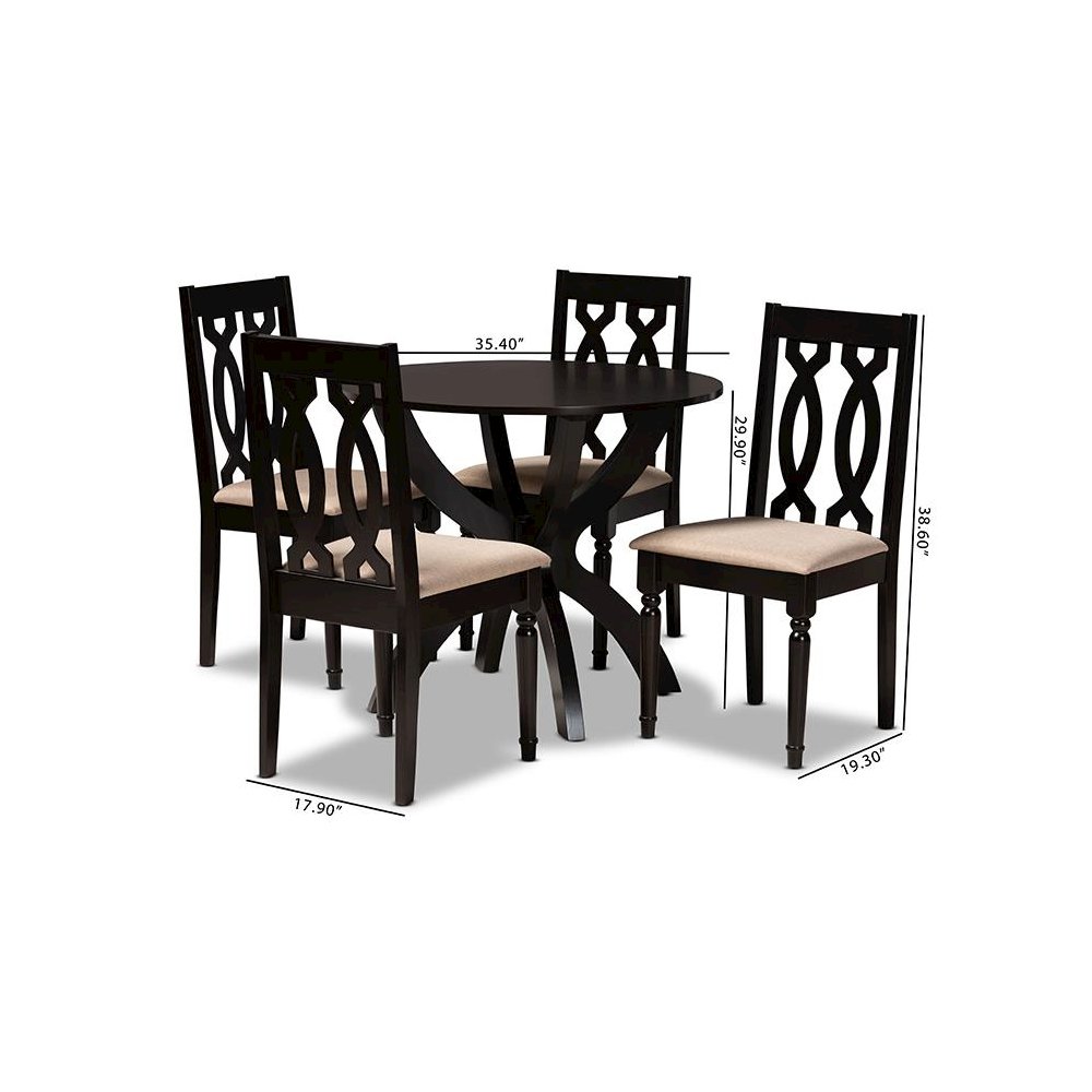 Sand Fabric Upholstered and Dark Brown Finished Wood 5-Piece Dining Set. Picture 9