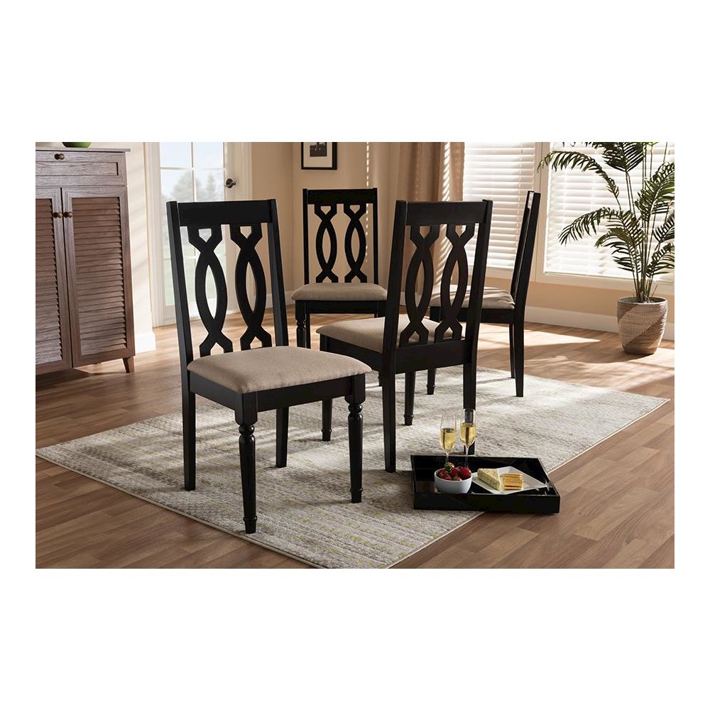 Sand Fabric Upholstered Espresso Brown Finished Wood Dining Chair Set of 4. Picture 4