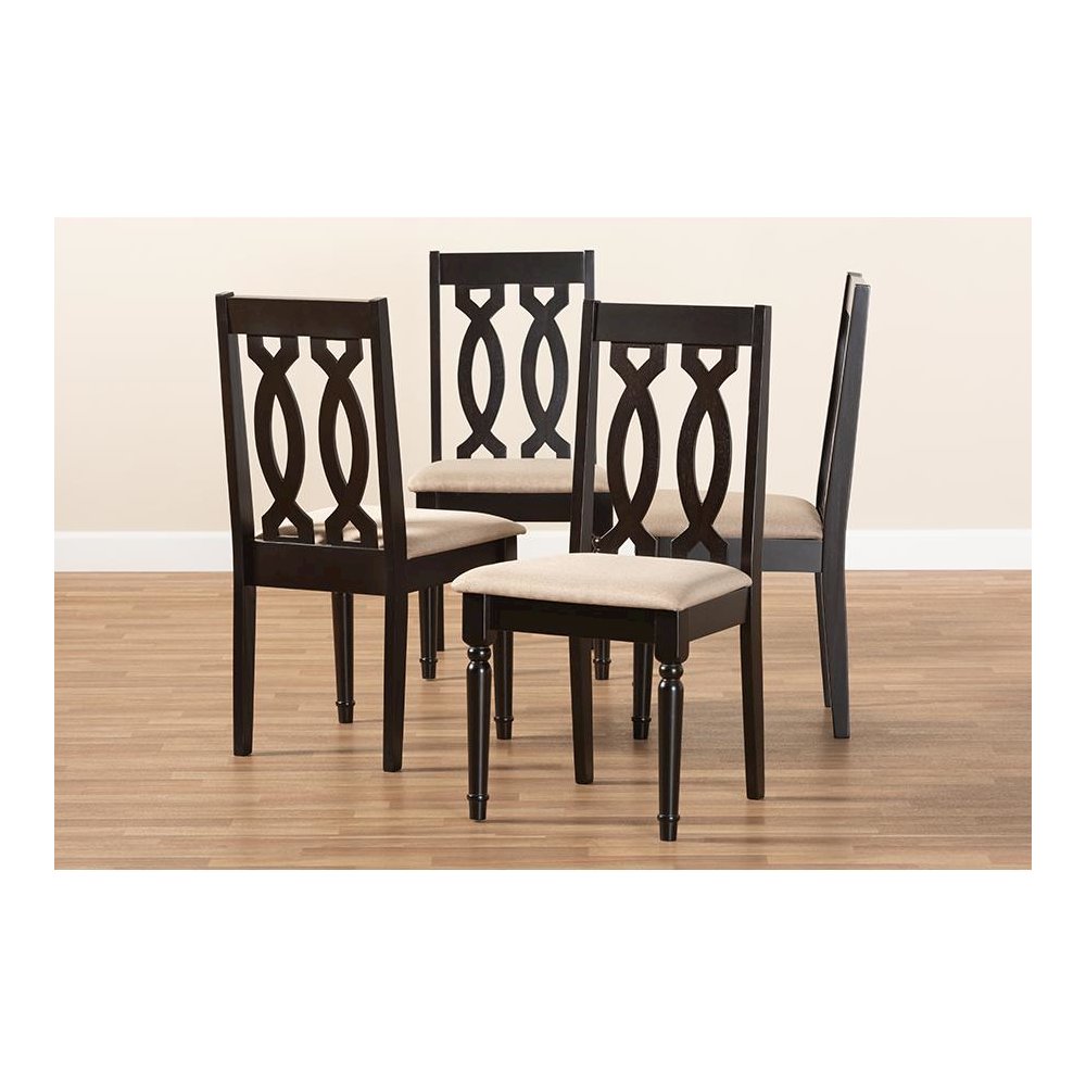 Sand Fabric Upholstered Espresso Brown Finished Wood Dining Chair Set of 4. Picture 5