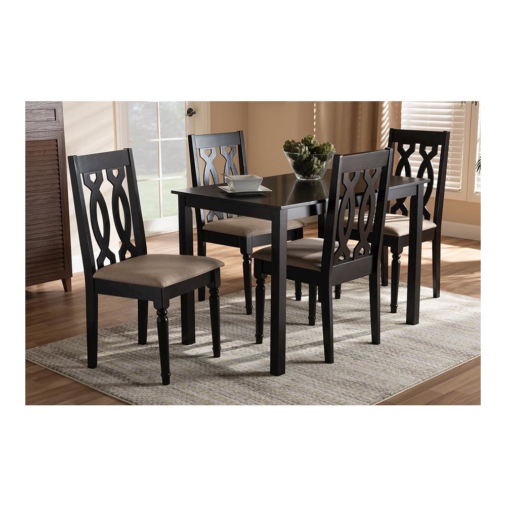 Sand Fabric Upholstered Espresso Brown Finished 5-Piece Wood Dining Set. Picture 5