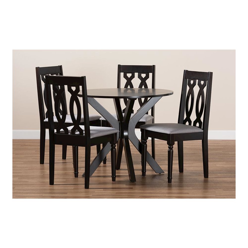 Grey Fabric Upholstered and Dark Brown Finished Wood 5-Piece Dining Set. Picture 8