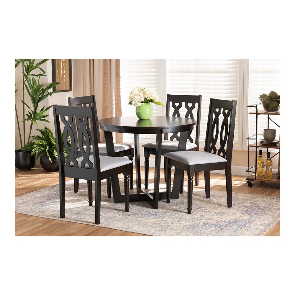 Grey Fabric Upholstered and Dark Brown Finished Wood 5-Piece Dining Set. Picture 7