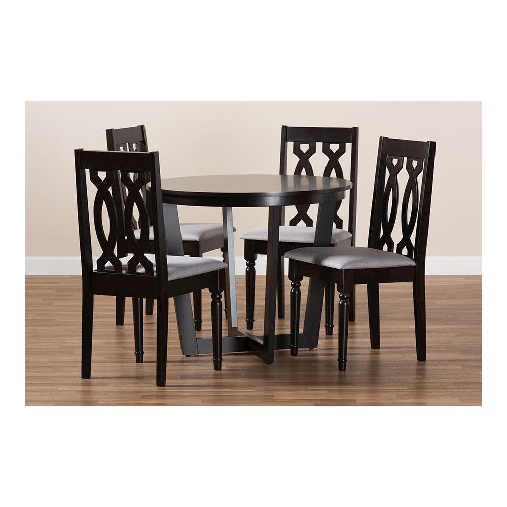 Grey Fabric Upholstered and Dark Brown Finished Wood 5-Piece Dining Set. Picture 8