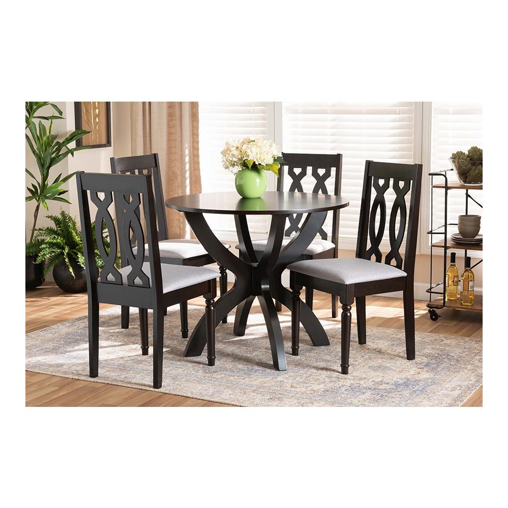 Grey Fabric Upholstered and Dark Brown Finished Wood 5-Piece Dining Set. Picture 7