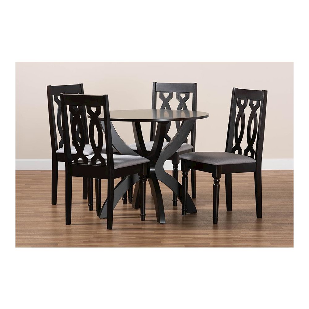 Grey Fabric Upholstered and Dark Brown Finished Wood 5-Piece Dining Set. Picture 8