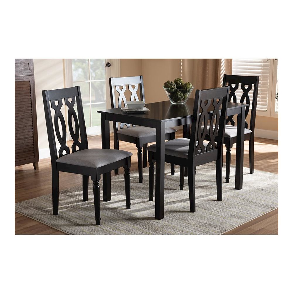 Grey Fabric Upholstered Espresso Brown Finished 5-Piece Wood Dining Set. Picture 5