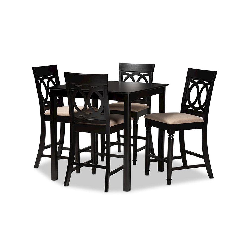 Sand Fabric Upholstered Espresso Brown Finished 5-Piece Wood Pub Set. Picture 1
