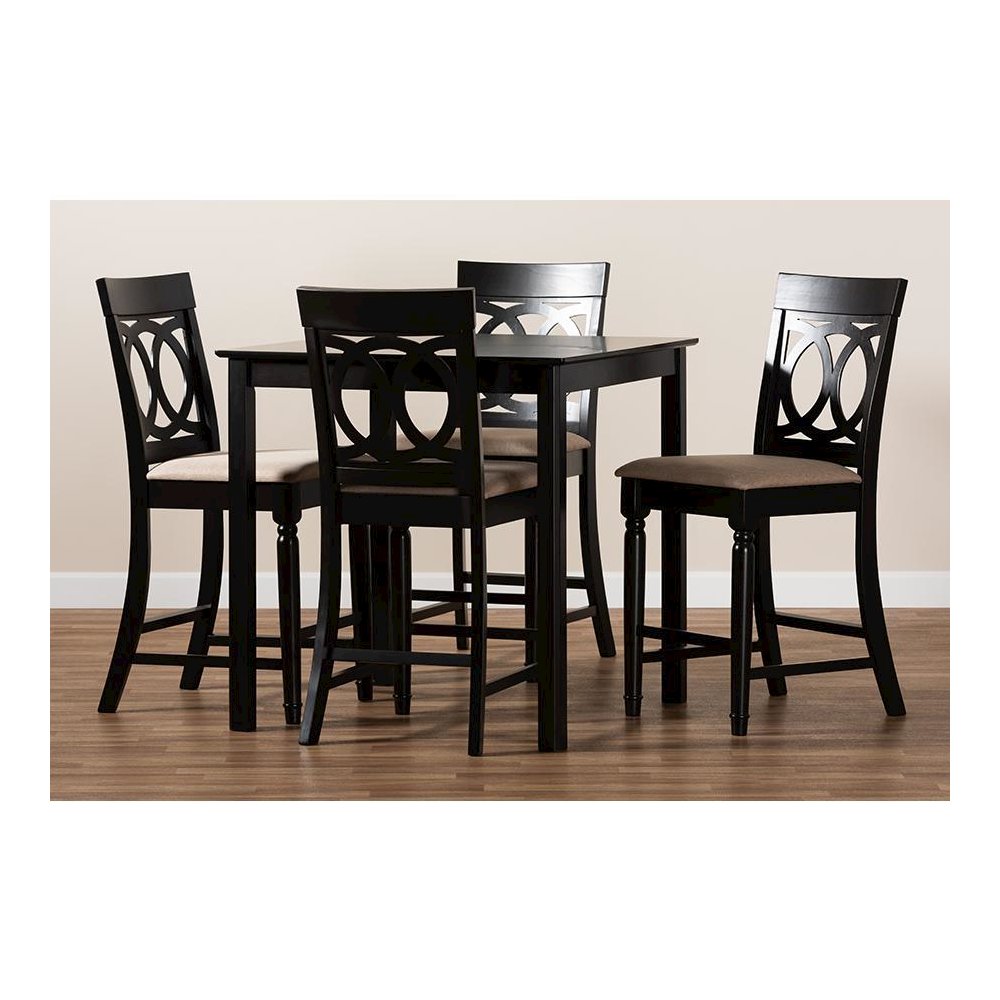 Sand Fabric Upholstered Espresso Brown Finished 5-Piece Wood Pub Set. Picture 7