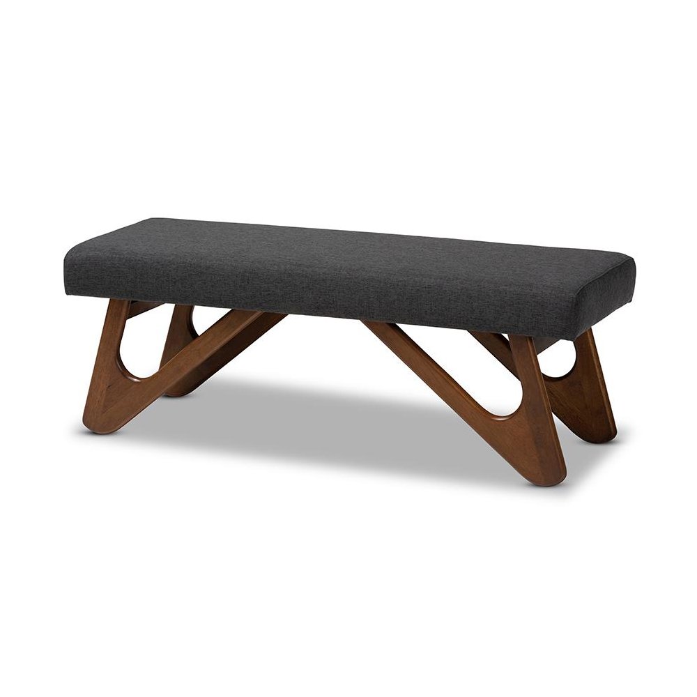 Dark Grey Fabric Upholstered Walnut Brown Finished Boomerang Bench. Picture 1