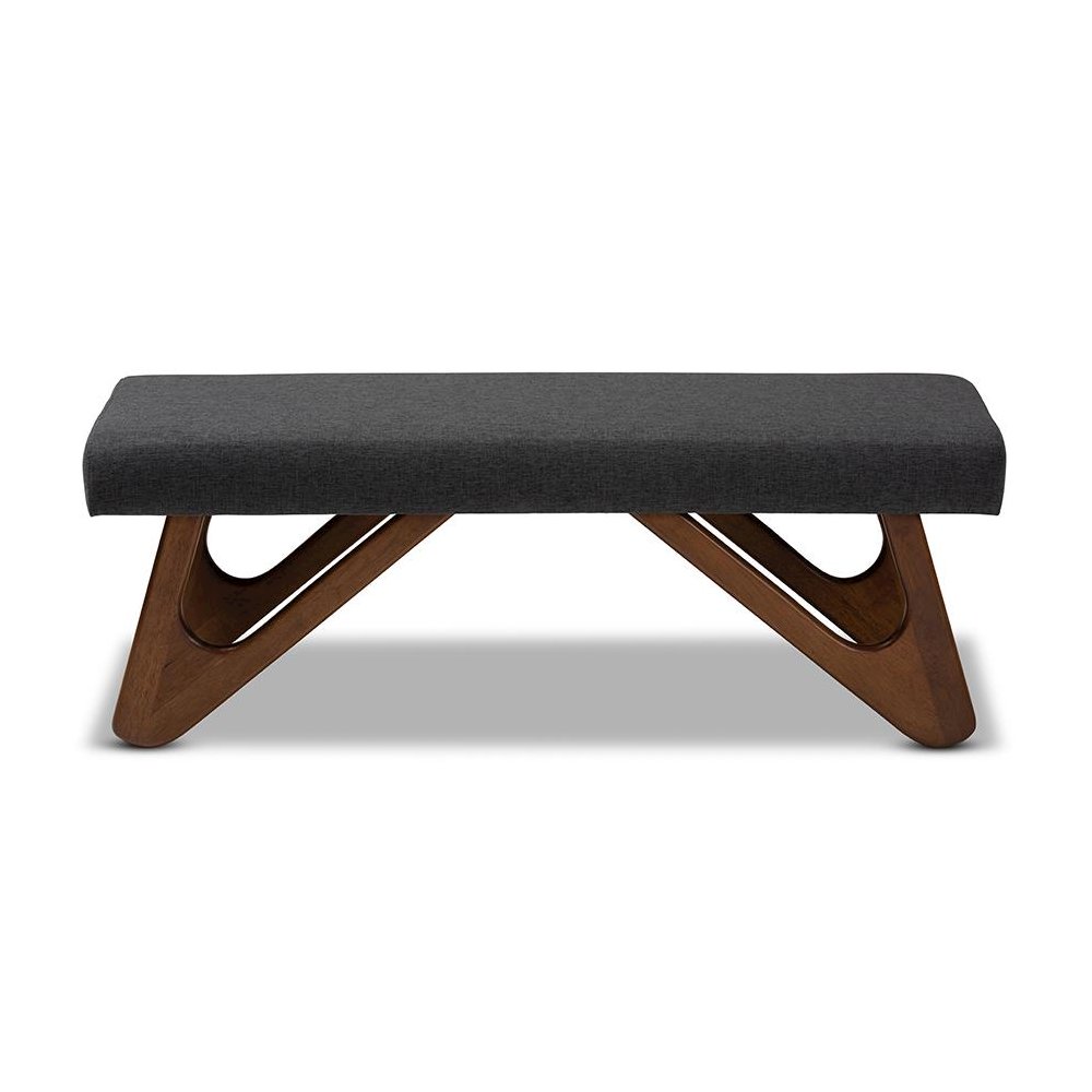 Dark Grey Fabric Upholstered Walnut Brown Finished Boomerang Bench. Picture 2