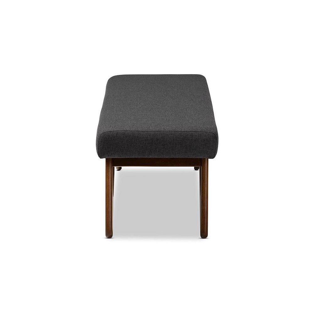 Dark Grey Fabric Upholstered Walnut Brown Finished Boomerang Bench. Picture 3