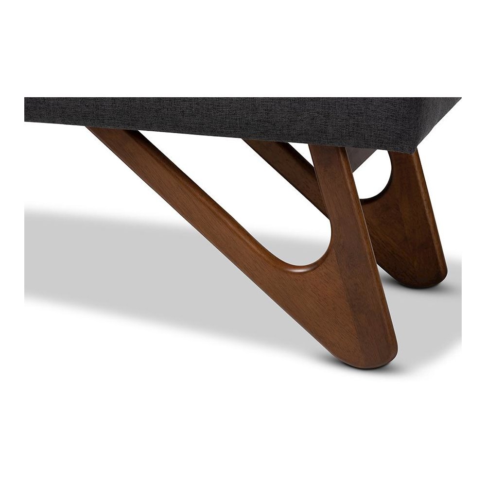 Dark Grey Fabric Upholstered Walnut Brown Finished Boomerang Bench. Picture 5