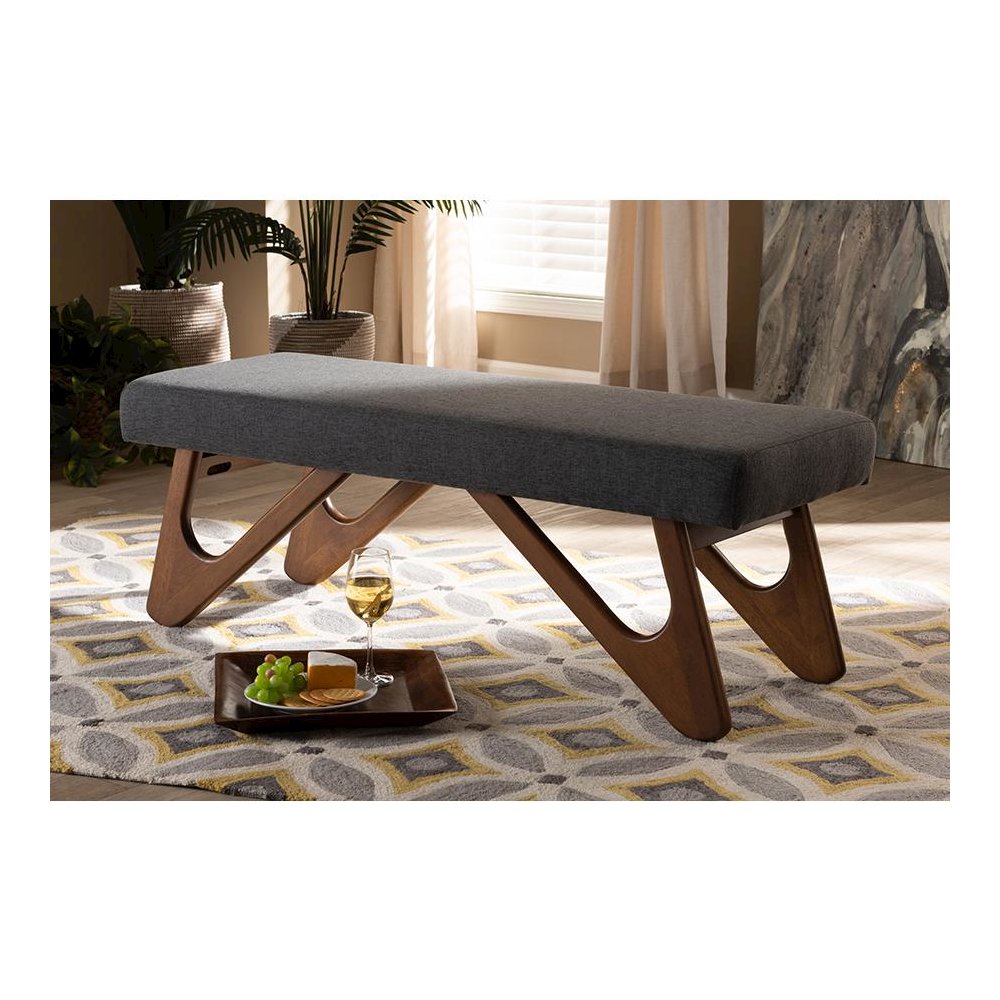 Dark Grey Fabric Upholstered Walnut Brown Finished Boomerang Bench. Picture 6