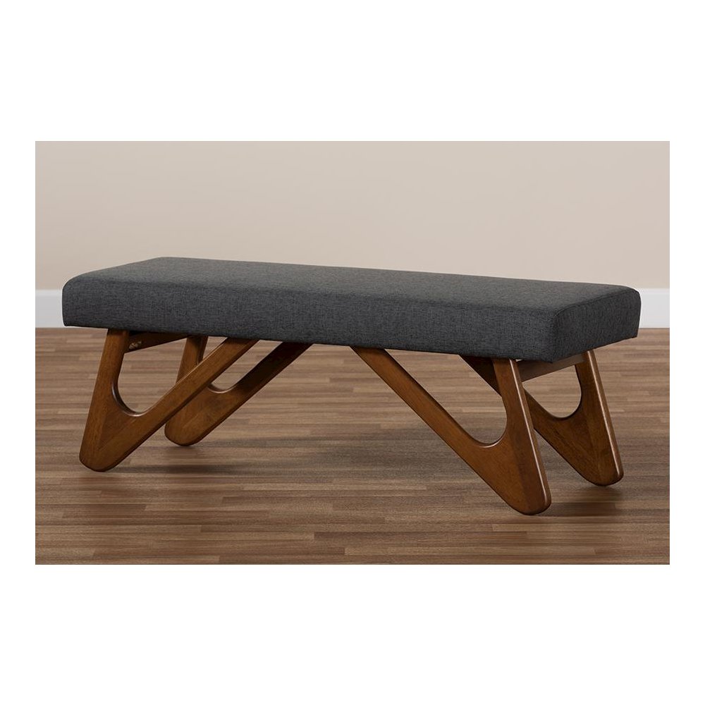 Dark Grey Fabric Upholstered Walnut Brown Finished Boomerang Bench. Picture 7