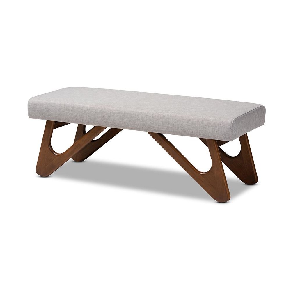 Greyish Beige Fabric Upholstered Walnut Brown Finished Boomerang Bench. Picture 1